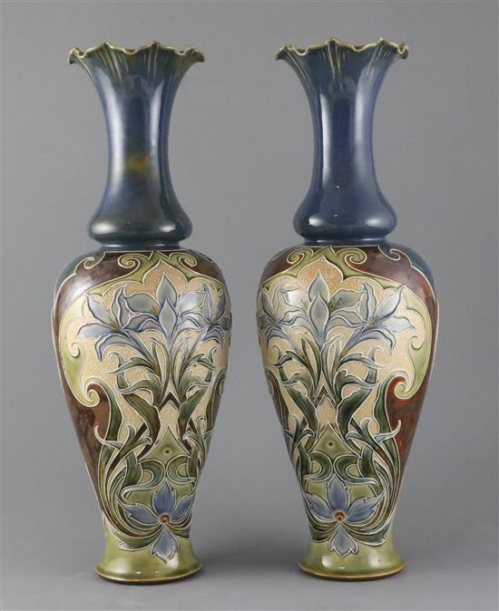 Eliza Simmance for Doulton Lambeth, a pair of tall Art Nouveau baluster vases, c.1895, 43.5cm, one with hairline to rim